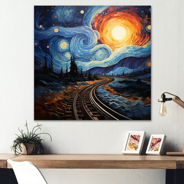 Blue Yellow Train Cosmic Rails - Train Canvas Wall Art